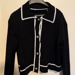 Black Cardigan with White Trim and Button Accents